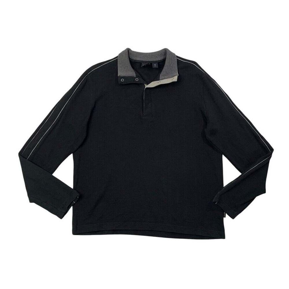 Hugo Boss Polo Sweater Mens L Large Black Grey Cotton 1/4 Snap Cotton Pullover